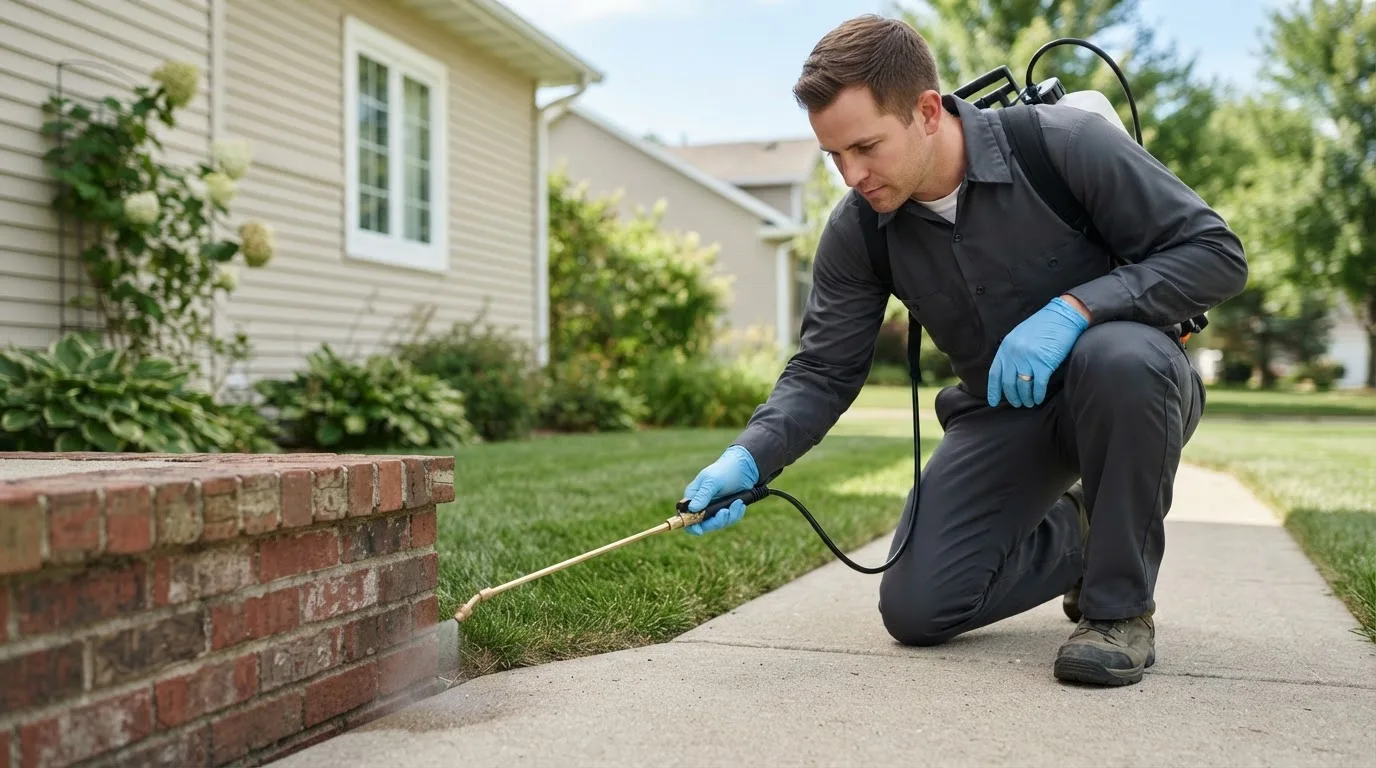 Pest control technician treating a home near Morley, IA