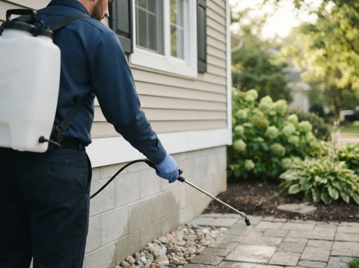 Pest control technician inspecting a home in Morley, IA